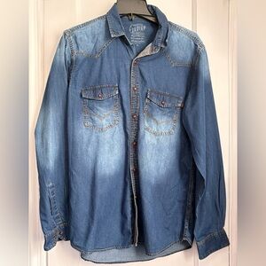 Indigo Chambray Blue Denim Front Snap Buttons Long Sleeve Shirt,Size: XL